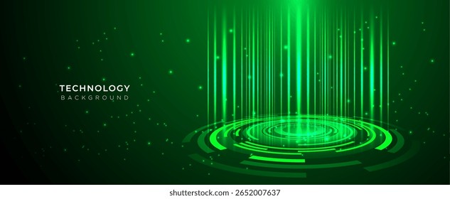 Green technology vector background, futuristic with rings and glowing lines, neon, stars in space, banner, website, cover, presentation