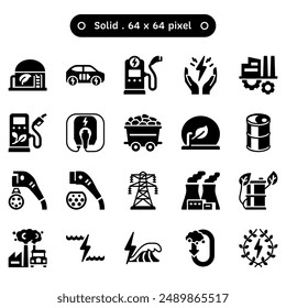 Green technology vector icon set in a glyph or solid style volume2. A collection such as bioenergy, biomass, power plants, and biogas storage. Human made 64x64 pixels.