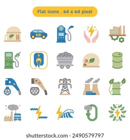 Green technology vector icon set in a flat style volume2. A collection such as bioenergy, biomass, power plants, and biogas storage. Human made 64x64 pixels.