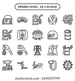 Green technology vector icon set in a line or outline style volume2. A collection such as bioenergy, biomass, power plants, and biogas storage. Human made 64x64 pixels. Editable stroke.