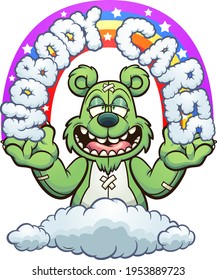 Green Teddy bear with the text Nobody cares made out of clouds and rainbow. Vector clip art illustration with simple gradients. Some elements on separate layers.
