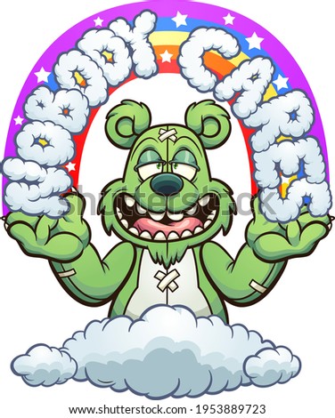 Green Teddy bear with the text Nobody cares made out of clouds and rainbow. Vector clip art illustration with simple gradients. Some elements on separate layers.
