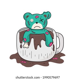 green teddy bear in white coffee cup . Vector clip art illustration. 