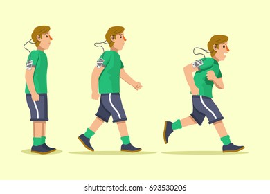 Green tees running men step walk to run