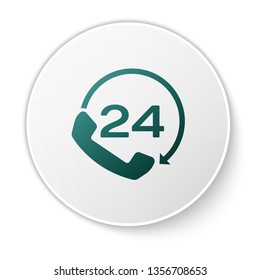 Green Telephone 24 hours support icon isolated on white background. All-day customer support call-center. Full time call services. Green circle button. Vector Illustration