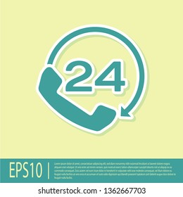 Green Telephone 24 hours support icon isolated on yellow background. All-day customer support call-center. Full time call services. Flat design. Vector Illustration