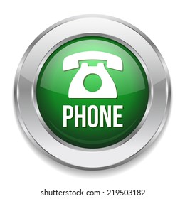 Green telephone button with metallic border on white background