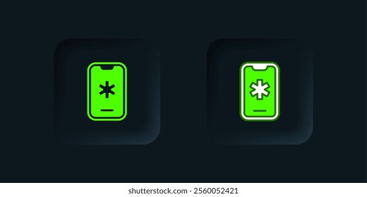 Green Telephone with emergency call 911 icon isolated on black background. Police, ambulance, fire department, call, phone. Black square button. Vector