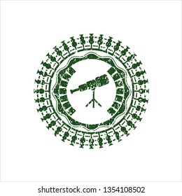 Green telescope icon inside distressed grunge seal