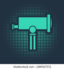 Green Telescope icon isolated on blue background. Scientific tool. Education and astronomy element, spyglass and study stars. Abstract circle random dots. Vector Illustration