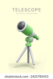 Green telescope on tripod. Astronomical equipment. Device for observing movement of stars