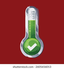 Green temperature gauge with checkmark, indicating success. Set against red background