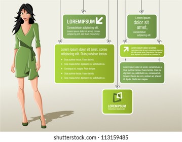 Green template for advertising brochure with cartoon woman in green dress