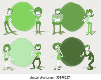 Green template for advertising brochure with cartoon funny people