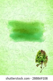 A green template with a background of leaves, a bright watercolor tree and a banner for text, scalable vector graphic
