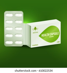 Green template branding design for paper packaging or boxes with capsules blister. Advertising medical products for health and beauty. 3d blank vector mockup drugs.