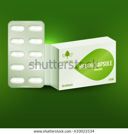 Green template branding design for paper packaging or boxes with capsules blister. Advertising medical products for health and beauty. 3d blank vector mockup drugs.