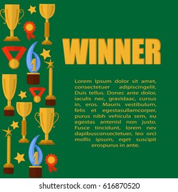 Green template with sport cups, medals and word winner, flat. Vector.