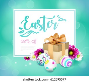 Green template vector card with realistic eggs, gift box and flowers. Handwriting inscription Easter. Lettering, calligraphy. 3D.