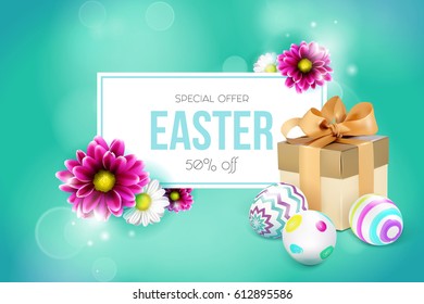 Green template vector card with realistic eggs, gift box and flowers. 3D.
