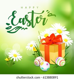Green template vector card with realistic eggs, gift box and wild flowers. Green spring background with bokeh effect. Handwriting inscription Easter. Lettering, calligraphy. 3D.