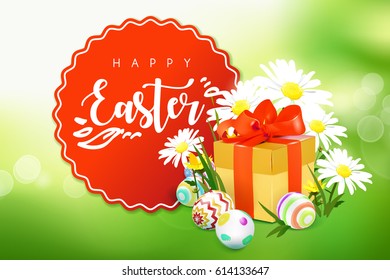 Green template vector card with realistic eggs, gift box and wild flowers. Green spring background with sunlight. Handwriting inscription Easter. Lettering, calligraphy. 3D.