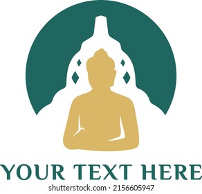 Green temple with gold buddha logo design. A buddhist illustration shilouette vector.