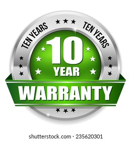 Green ten year warranty badge with metallic border and ribbon