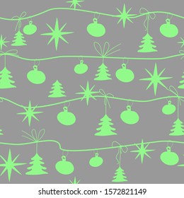 Green tender Christmas seamless pattern: wrapping paper texture, greeting card illustration. Vector graphics.