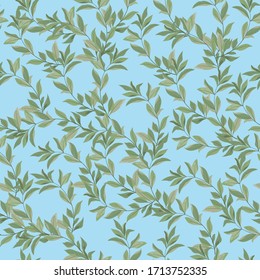 Green tender twigs on a light blue background. Seamless vector floral pattern. Square spring template for fabric, wallpaper and design.