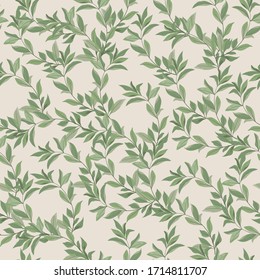 Green tender twigs on a light beige, cream background. Seamless vector floral pattern. Square spring template for fabric, wallpaper and design.