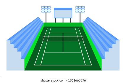 green tennis court in isometric view with spectator stands. Outdoor tennis court. Sports ground for active recreation. Vector