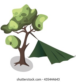 Green Tent for hiking and tree. Eps10 vector illustration. Isolated on white background