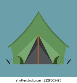 A green tent with an open door that stands in nature, ready for tourists to live inside