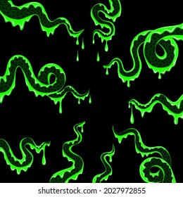 green tentacles of a monster with dripping slime on a black background. Halloween banner