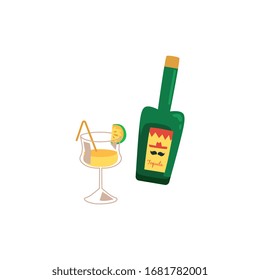 Green tequila bottle and yellow drink in cocktail glass - isolated drawing on white background. Colorful Mexican alcohol drink with lime slice and straw - vector illustration.