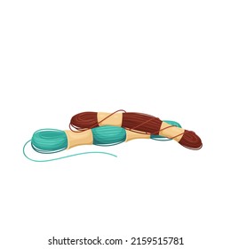 Green and terracotta embroidery flosses flat color vector object isolated. Sewing hobby cartoon style illustration