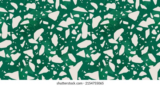 Green terrazzo flooring seamless pattern with colorful marble rocks. Realistic interior material background of mosaic stone. Trendy fashion print wallpaper for textile project or web backdrop.