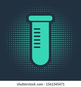 Green Test tube or flask - chemical laboratory test icon isolated on blue background. Laboratory, scientific glassware sign. Abstract circle random dots. Vector Illustration