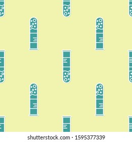 Green Test tube and flask chemical laboratory test icon isolated seamless pattern on yellow background. Laboratory glassware sign.  Vector Illustration