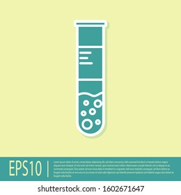 Green Test tube and flask chemical laboratory test icon isolated on yellow background. Laboratory glassware sign.  Vector Illustration