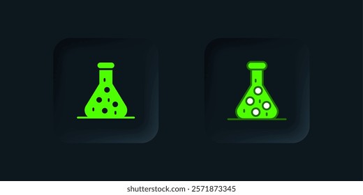 Green Test tube and flask chemical laboratory test icon isolated on black background. Laboratory glassware sign. Black square button. Vector