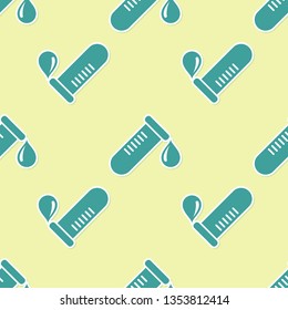 Green Test tube or flask with drop of blood icon isolated seamless pattern on yellow background. Laboratory, chemical, scientific glassware sign. Vector Illustration