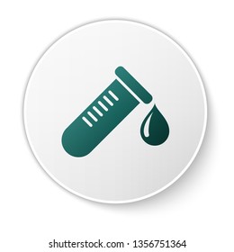 Green Test tube or flask with drop of blood icon isolated on white background. Laboratory, chemical, scientific glassware sign. White circle button. Vector Illustration