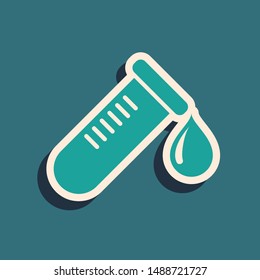 Green Test tube or flask with drop of blood icon isolated on blue background. Laboratory, chemical, scientific glassware sign. Long shadow style. Vector Illustration