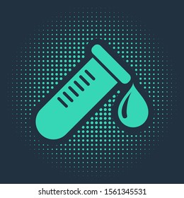 Green Test tube or flask with drop of blood icon isolated on blue background. Laboratory, chemical, scientific glassware sign. Abstract circle random dots. Vector Illustration