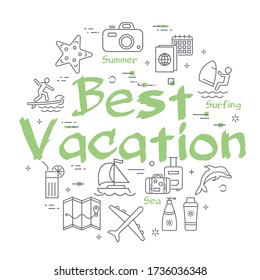 Texto verde Mejores vacaciones con iconos lineales de verano