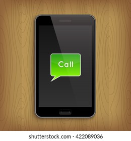 Green text bubble with 'Call' in phone. Realistic vector illustration. Message in phone screen