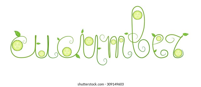 green  text "cucumber" decorated with slices of cucumber and leaves on white background, green inscription, vector