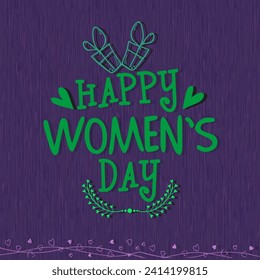 Green Text of Happy Women's Day with Hearts, Leaves, Gift Boxes on Purple Wood Texture Background. Can Be Used as Greeting Card.